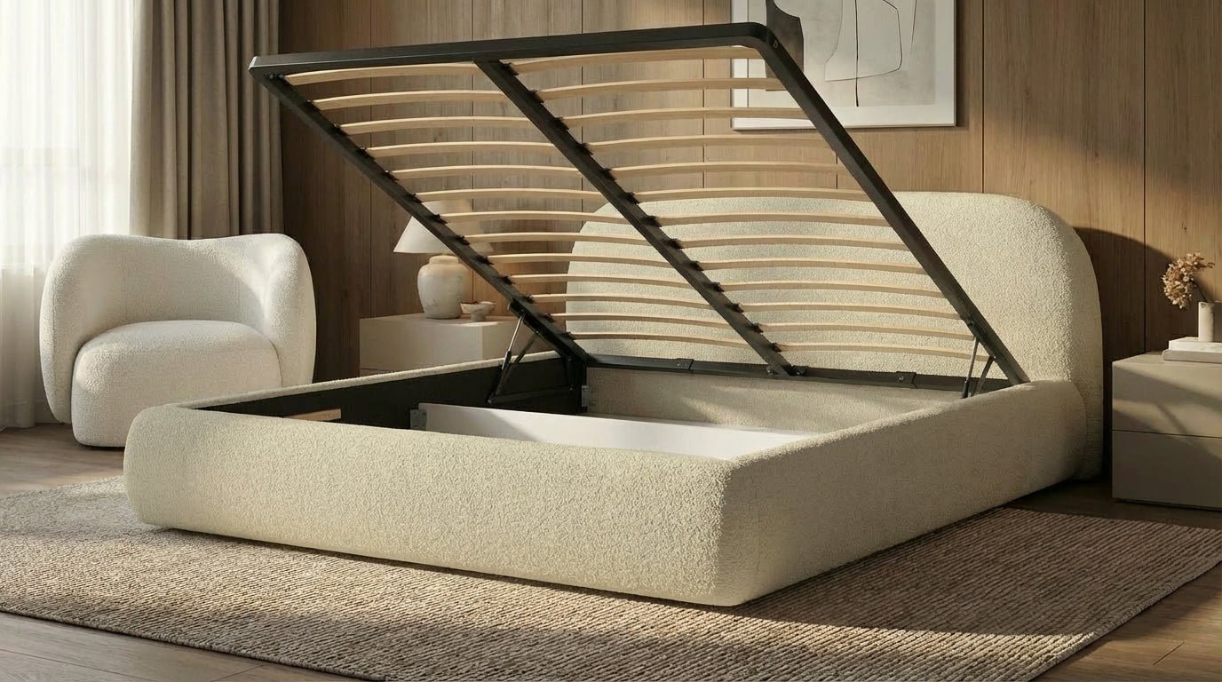 Design gestoffeerd bed Luma in Bouclé met opbergruimte