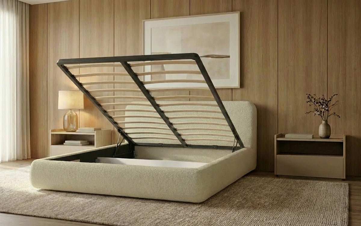 Design gestoffeerd bed Arosa in Bouclé met opbergruimte