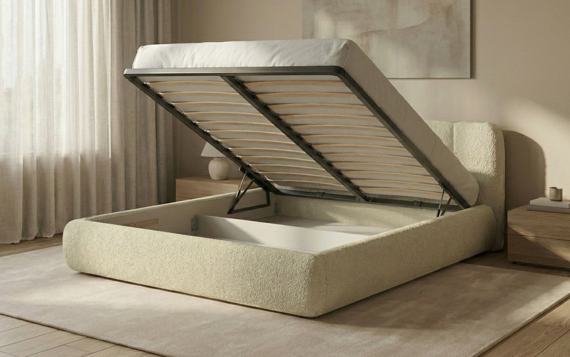 Design gestoffeerd bed Avelo in Bouclé met opbergruimte