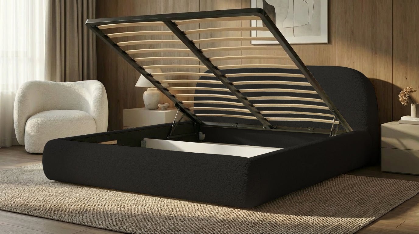 Design gestoffeerd bed Luma in Bouclé met opbergruimte