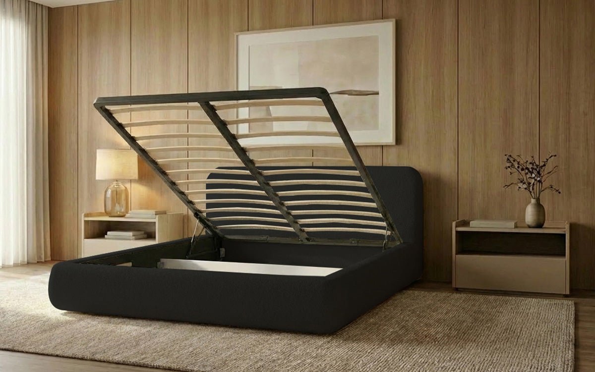 Design gestoffeerd bed Arosa in Bouclé met opbergruimte