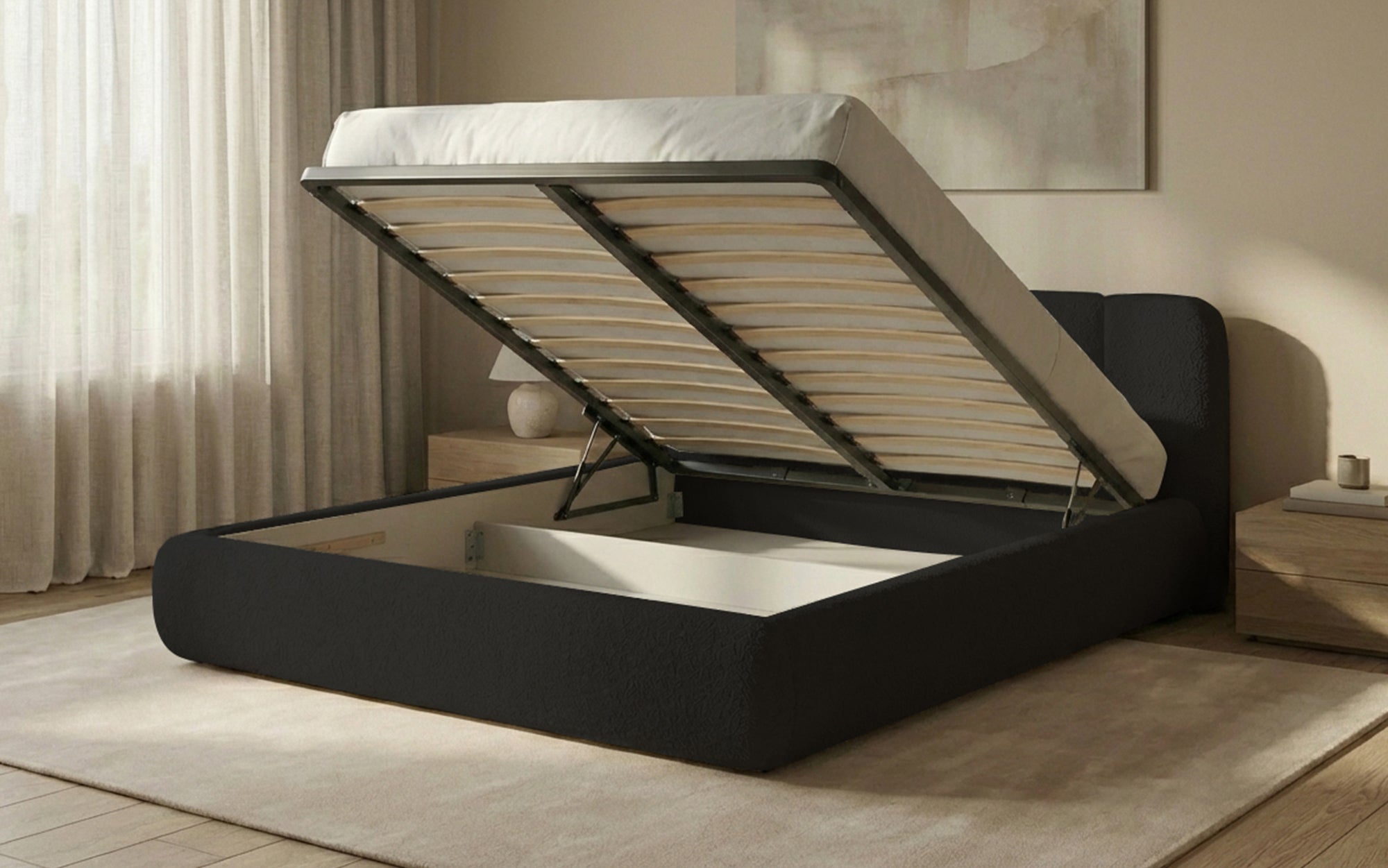 Design gestoffeerd bed Avelo in Bouclé met opbergruimte
