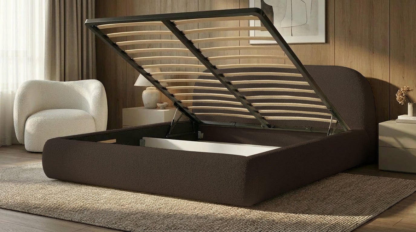 Design gestoffeerd bed Luma in Bouclé met opbergruimte