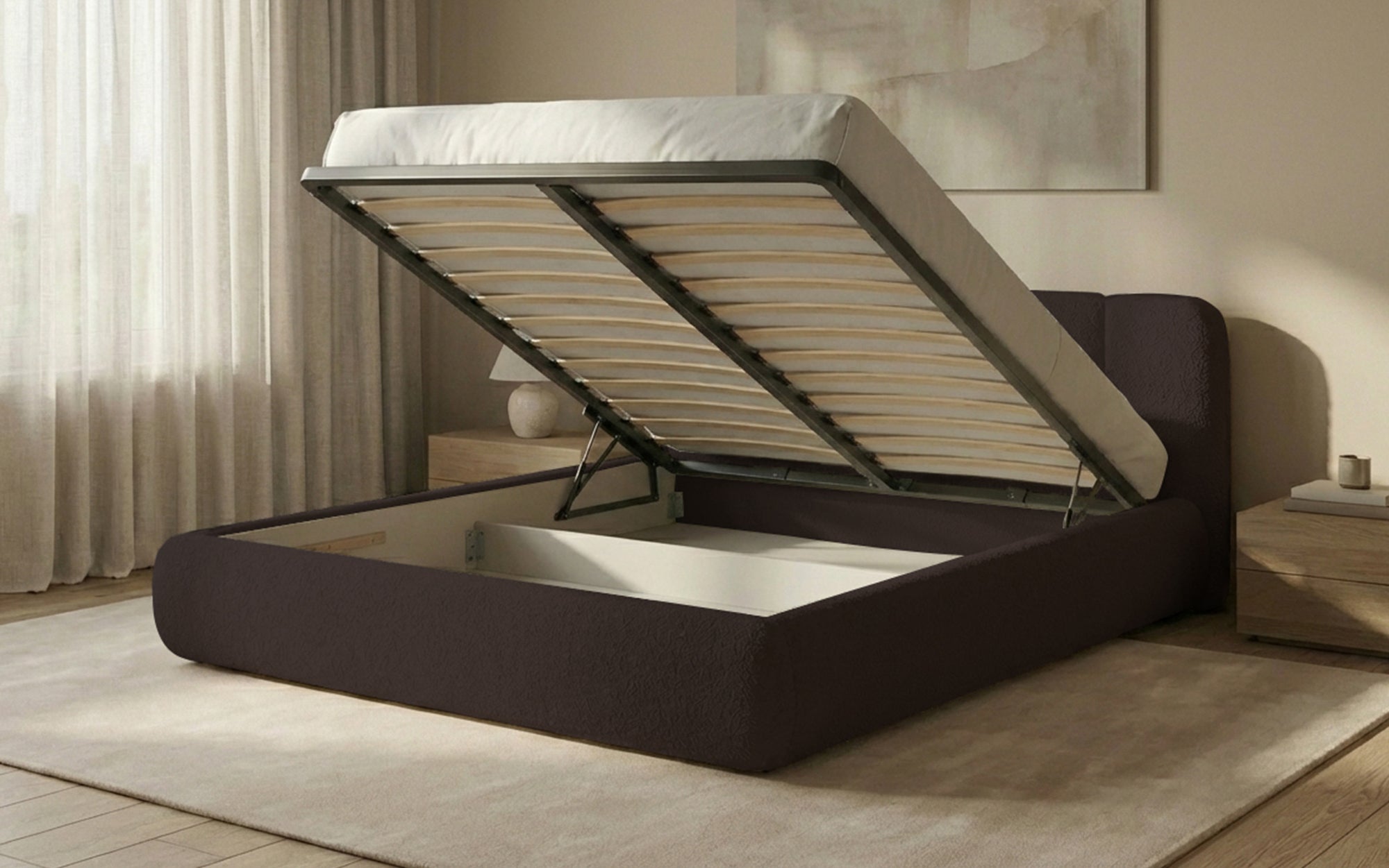 Design gestoffeerd bed Avelo in Bouclé met opbergruimte