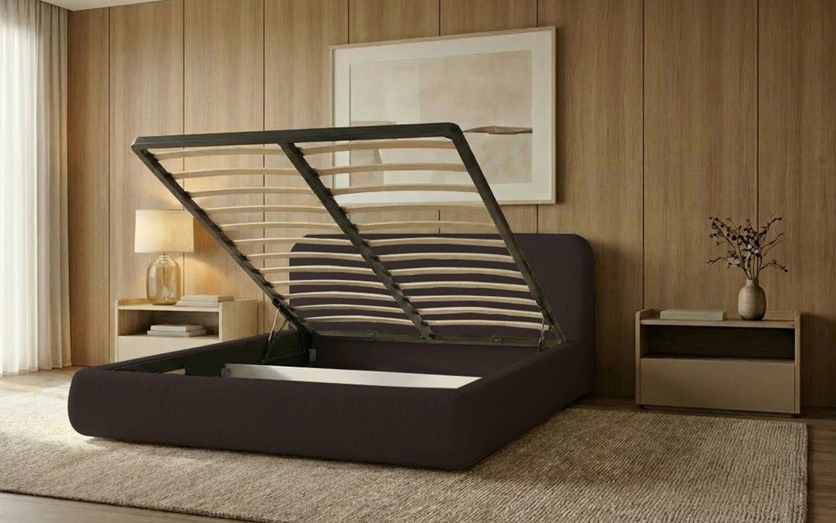 Design gestoffeerd bed Arosa in Bouclé met opbergruimte