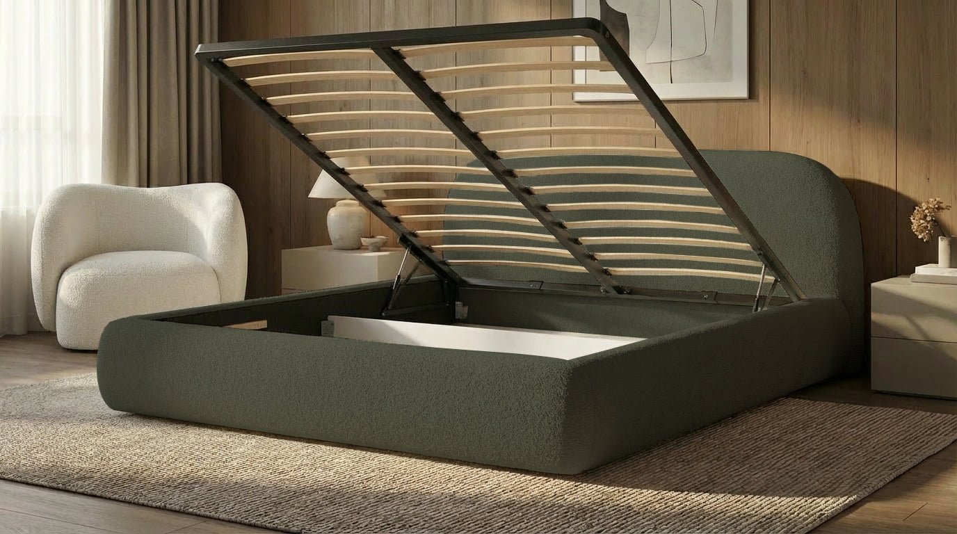 Design gestoffeerd bed Luma in Bouclé met opbergruimte