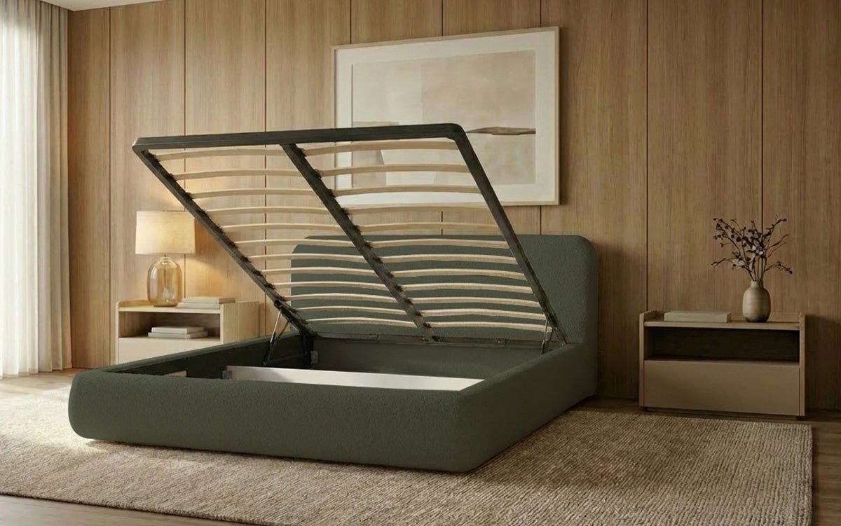 Design gestoffeerd bed Arosa in Bouclé met opbergruimte