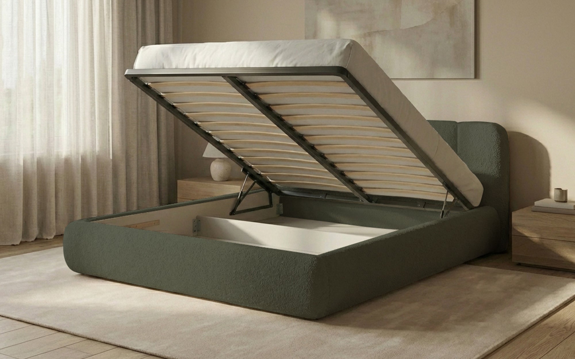 Design gestoffeerd bed Avelo in Bouclé met opbergruimte