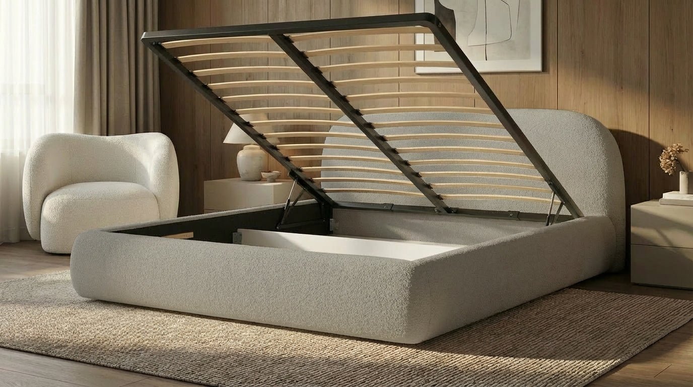 Design gestoffeerd bed Luma in Bouclé met opbergruimte