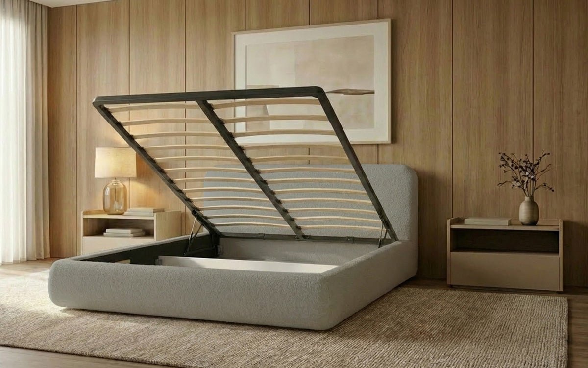 Design gestoffeerd bed Arosa in Bouclé met opbergruimte