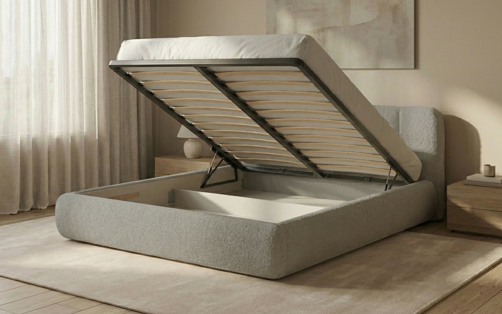 Design gestoffeerd bed Avelo in Bouclé met opbergruimte