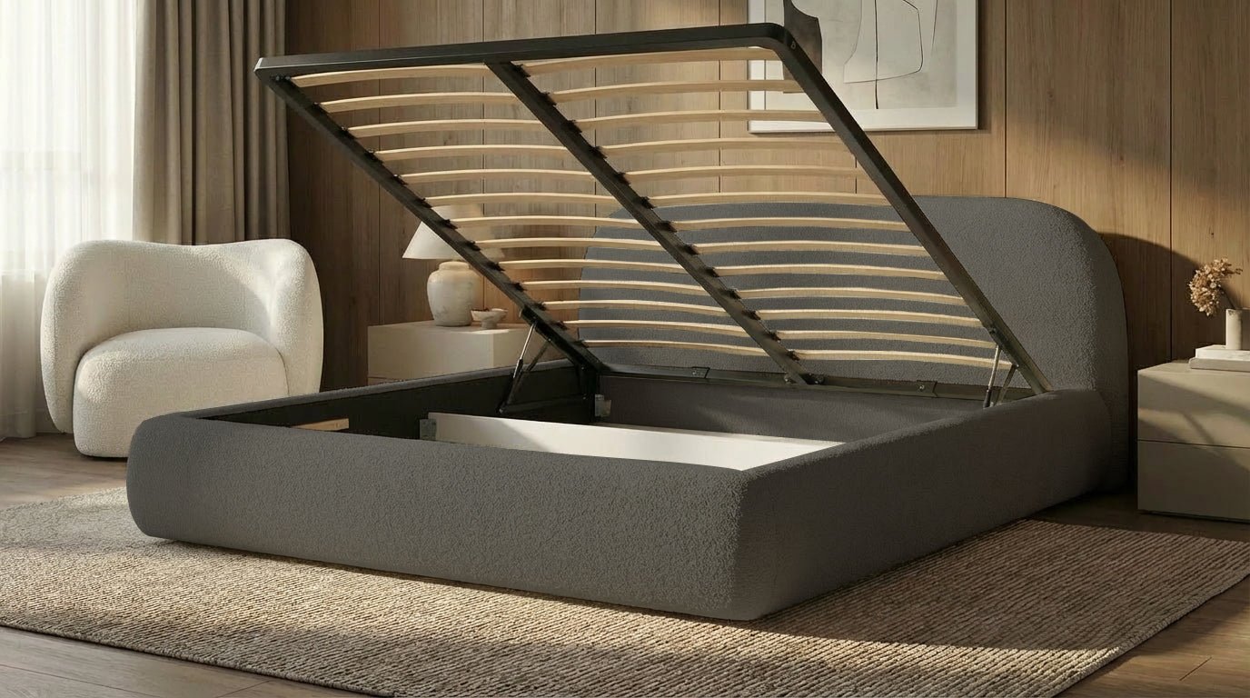 Design gestoffeerd bed Luma in Bouclé met opbergruimte