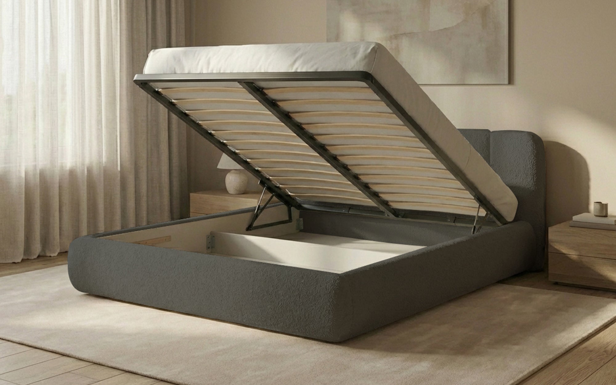 Design gestoffeerd bed Avelo in Bouclé met opbergruimte