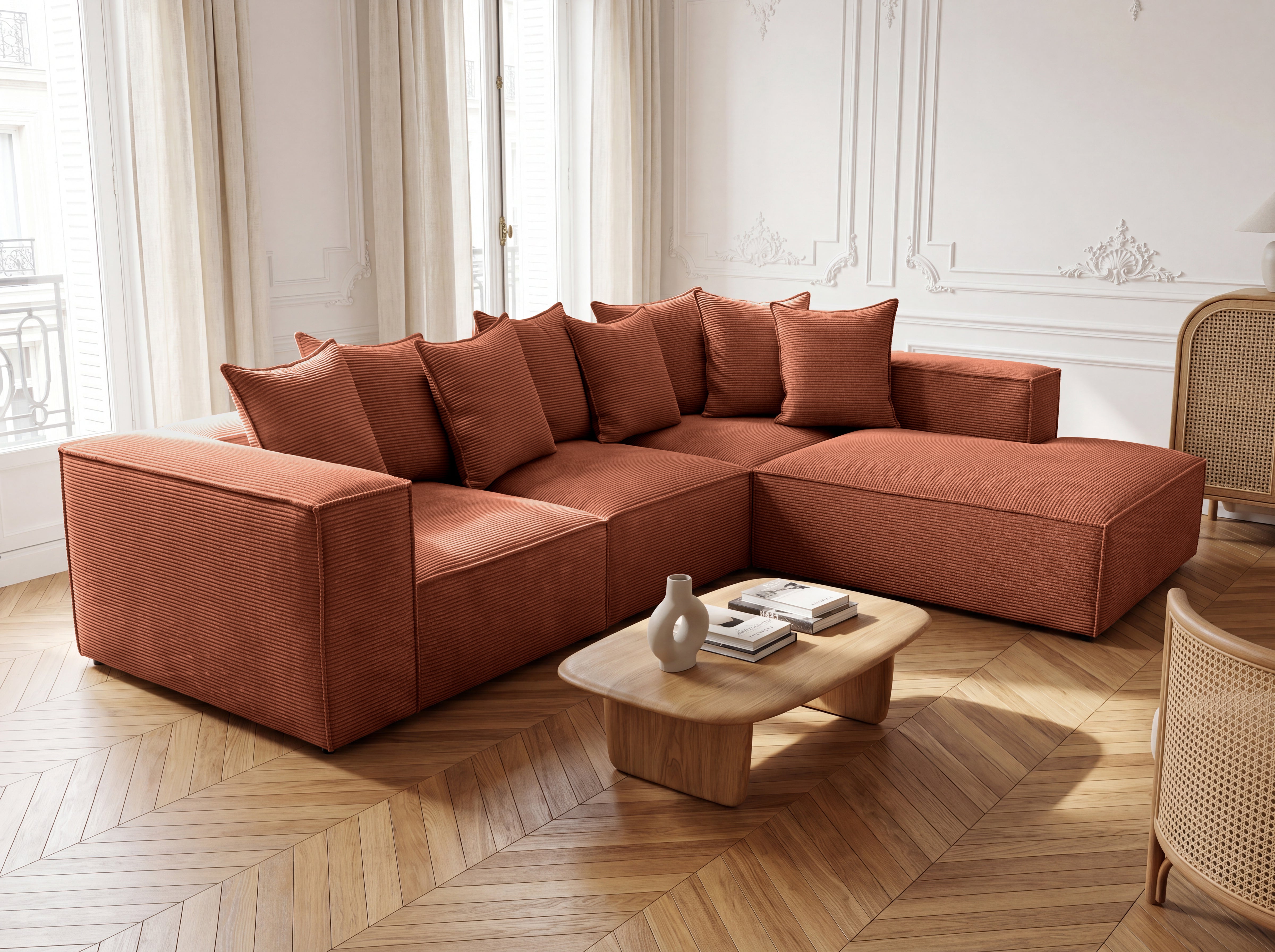 Designbank Largo met lange ottomane in Ribstof