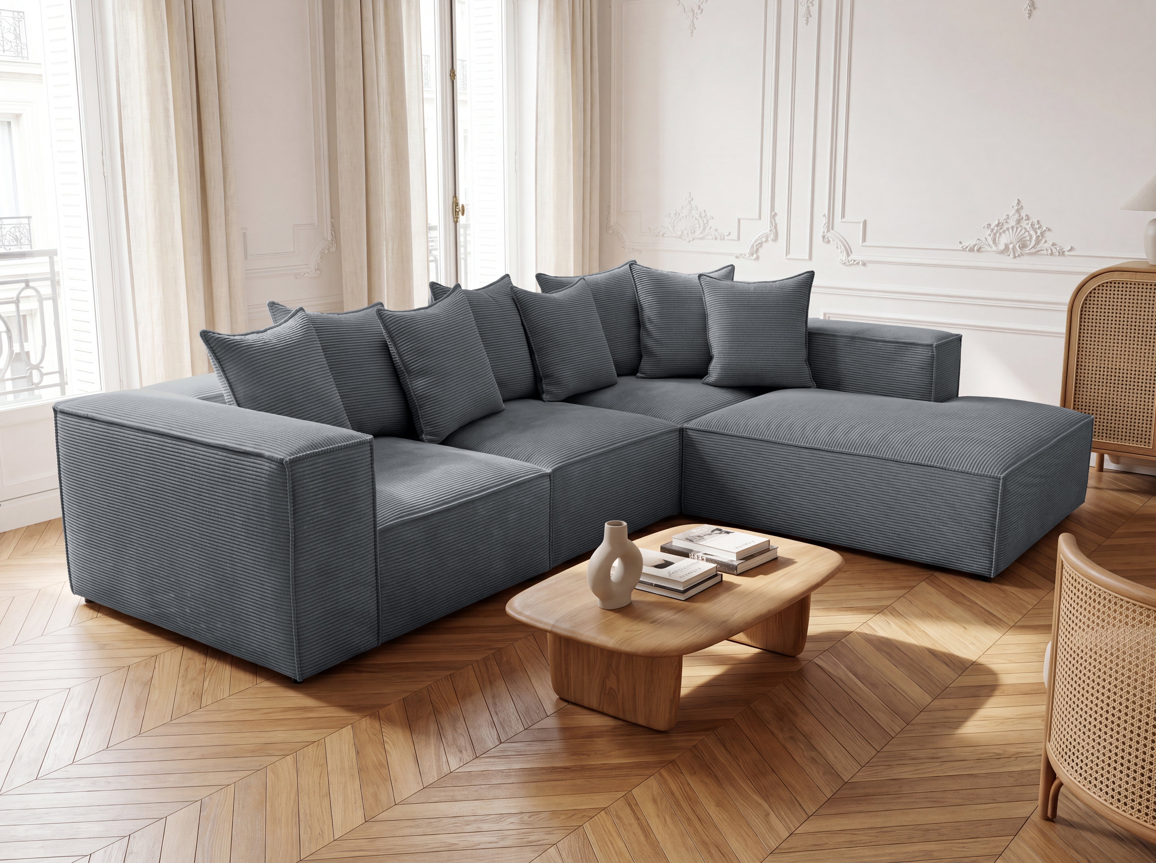 Designbank Largo met lange ottomane in Ribstof