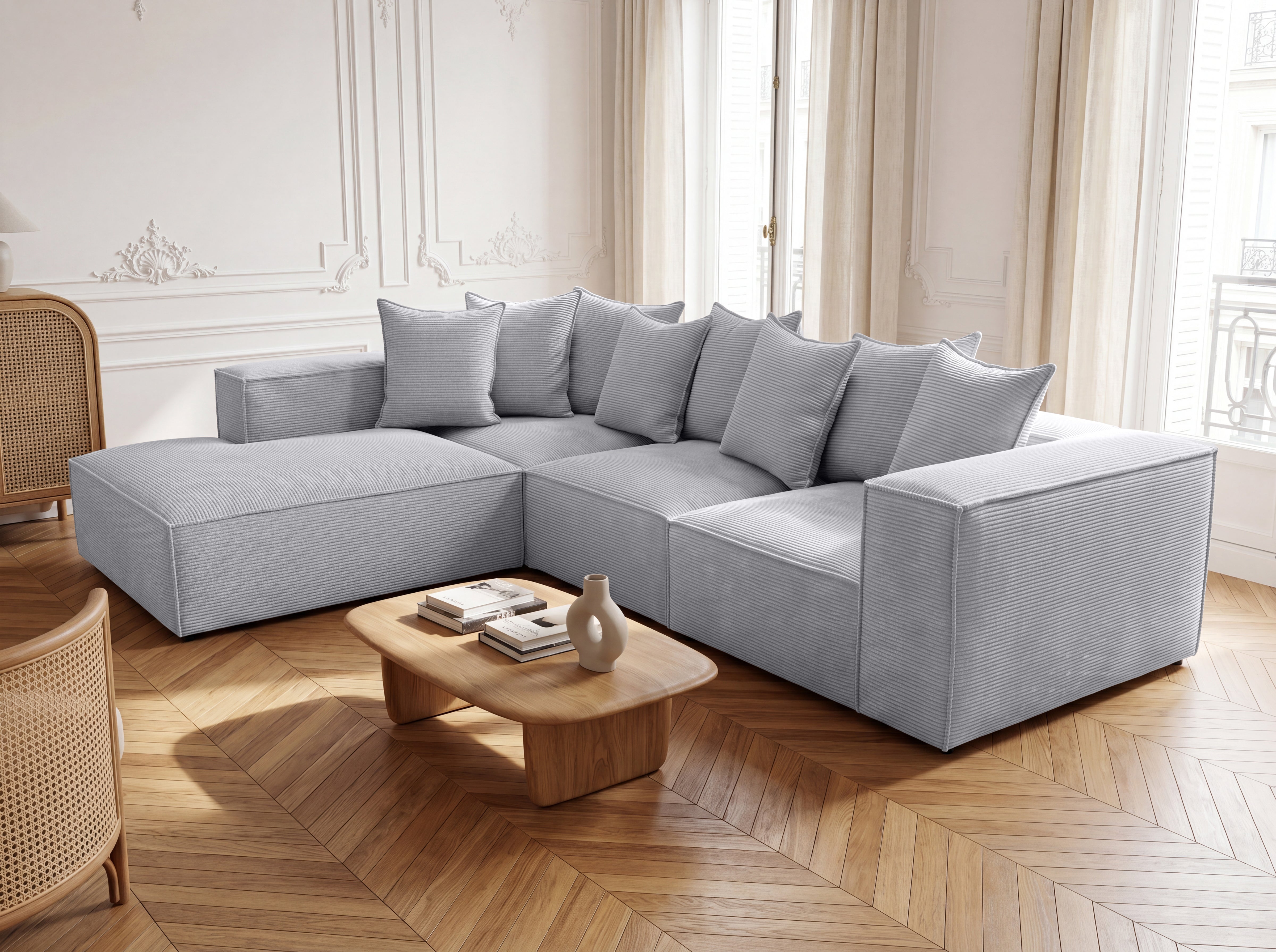 Designbank Largo met lange ottomane in Ribstof