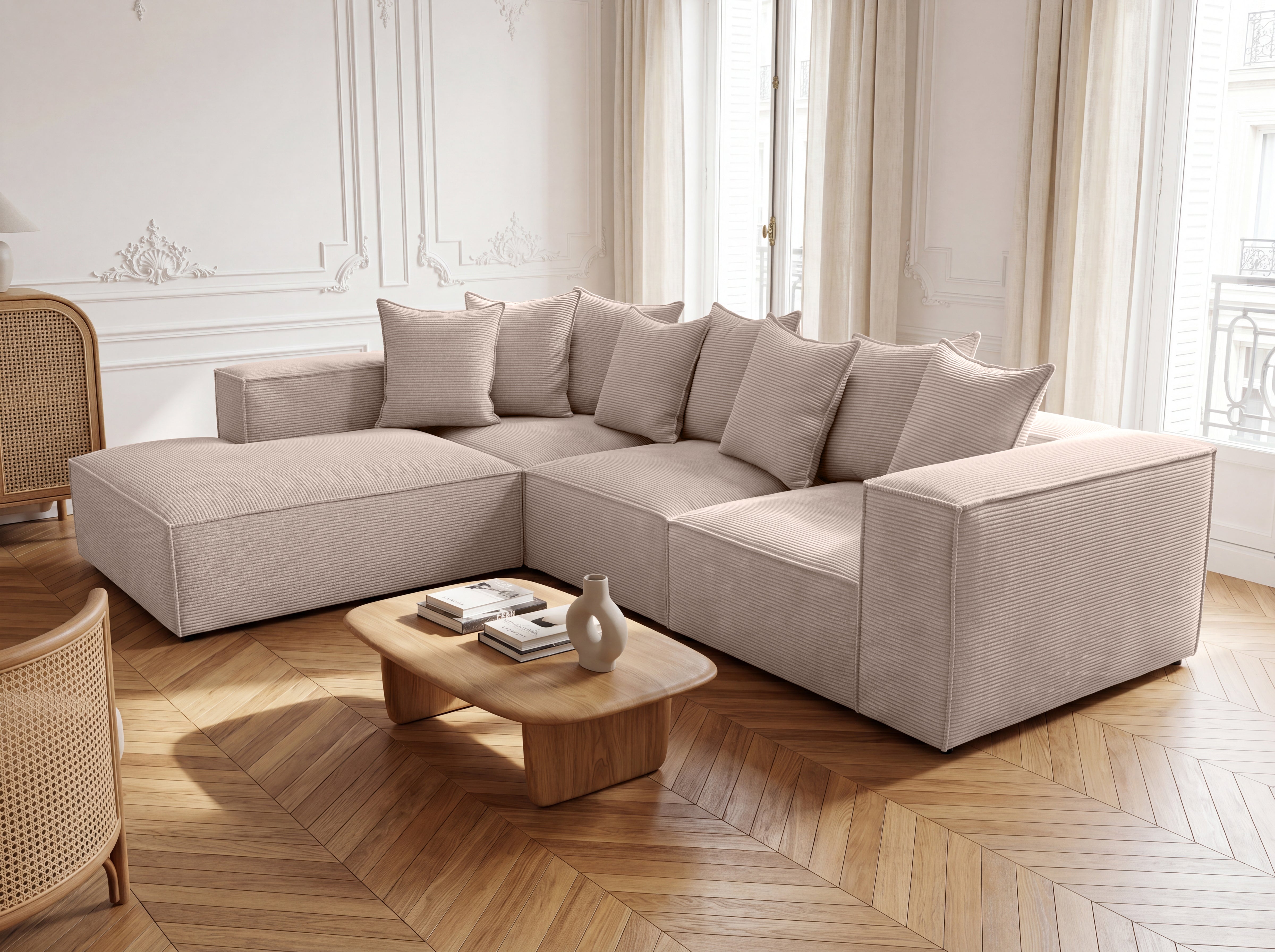 Designbank Largo met lange ottomane in Ribstof