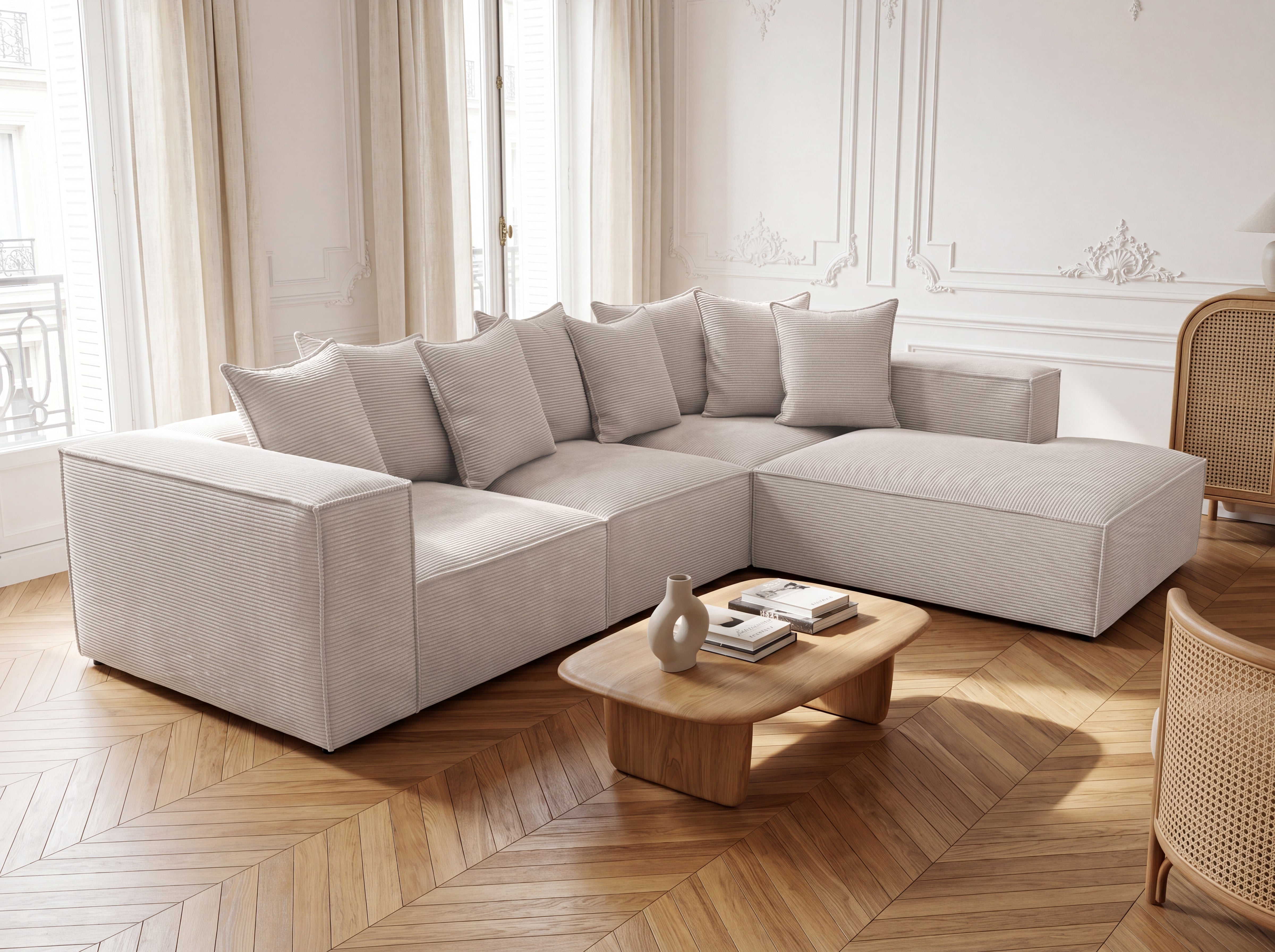 Designbank Largo met lange ottomane in Ribstof