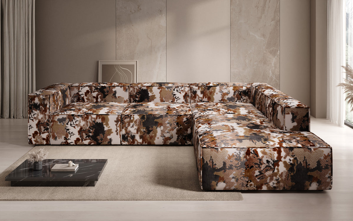 Designer hoekbank Lesley met lange ottomane - jacquard met aquarelpatroon