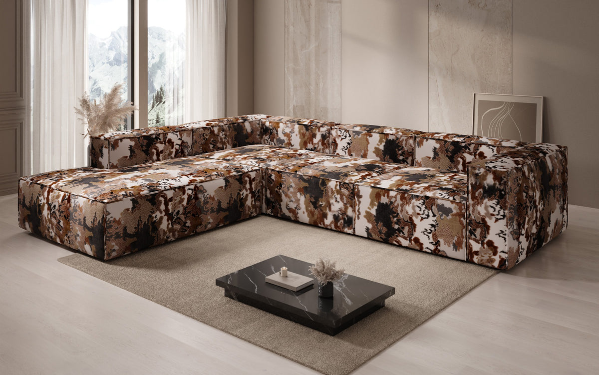 Designer hoekbank Lesley met lange ottomane - jacquard met aquarelpatroon