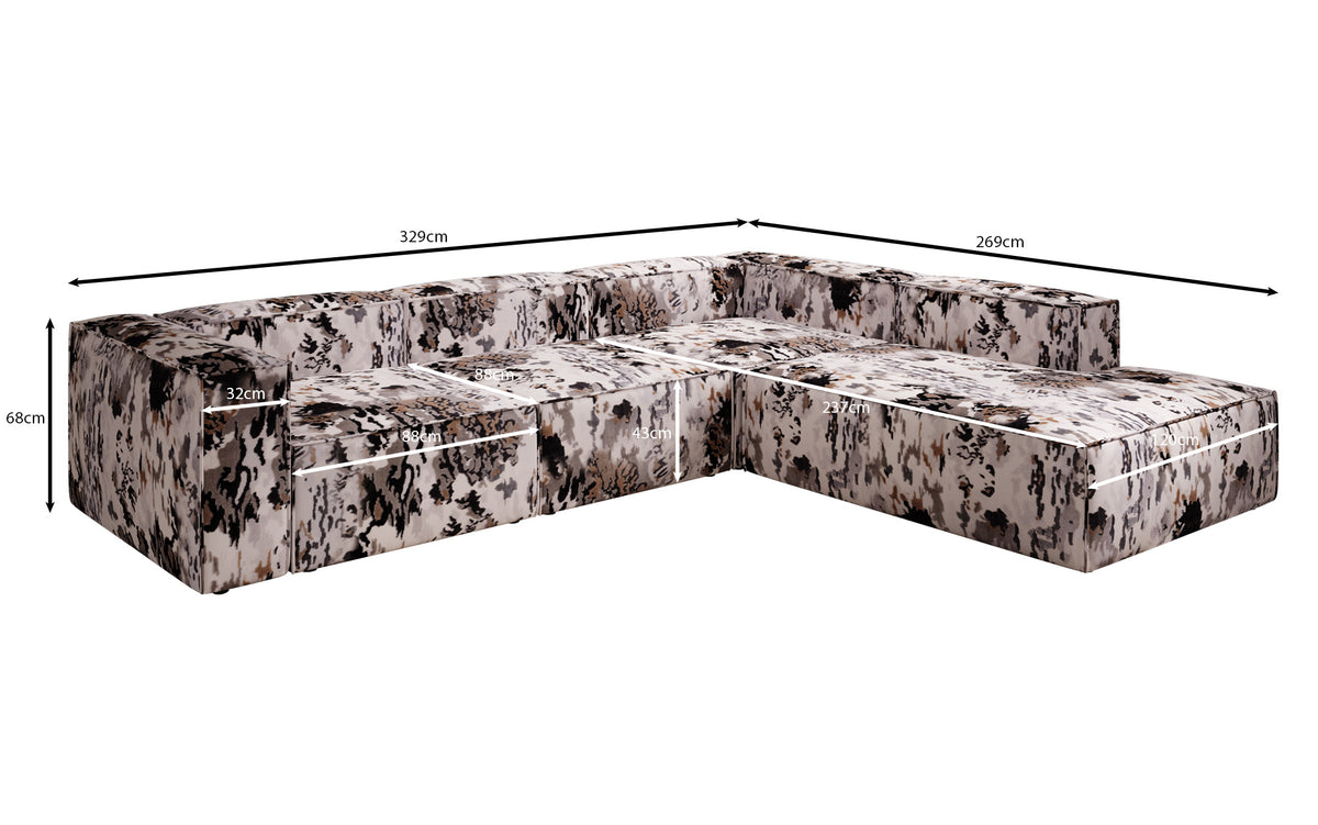 Designer hoekbank Lesley met lange ottomane - jacquard met aquarelpatroon