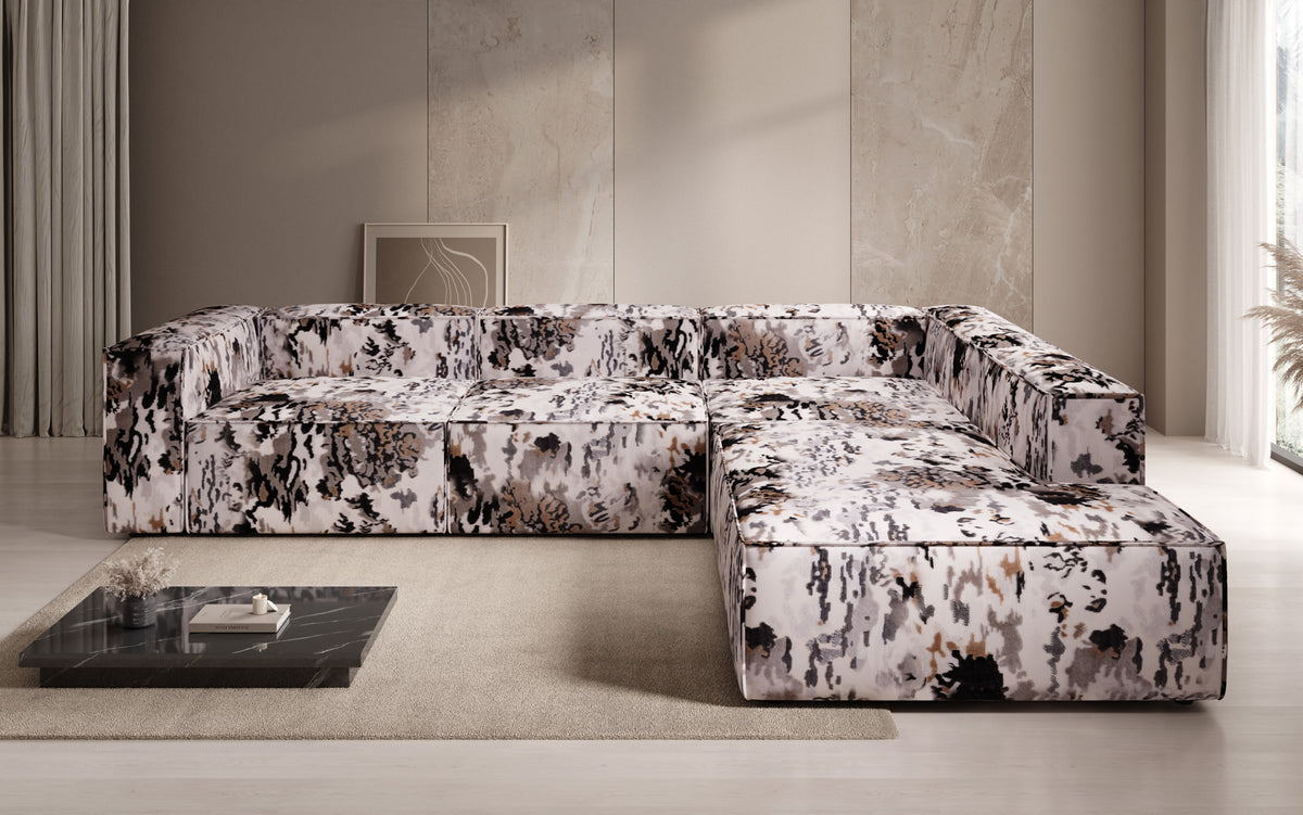 Designer hoekbank Lesley met lange ottomane - jacquard met aquarelpatroon