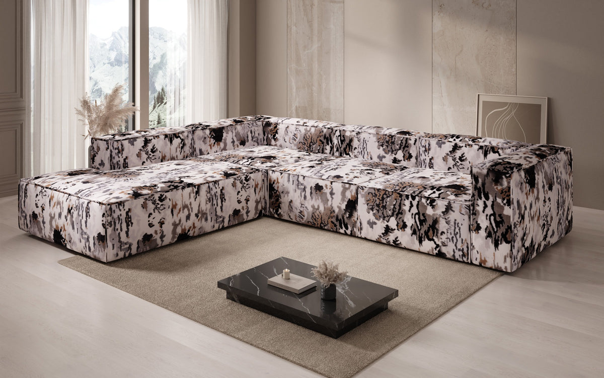 Designer hoekbank Lesley met lange ottomane - jacquard met aquarelpatroon