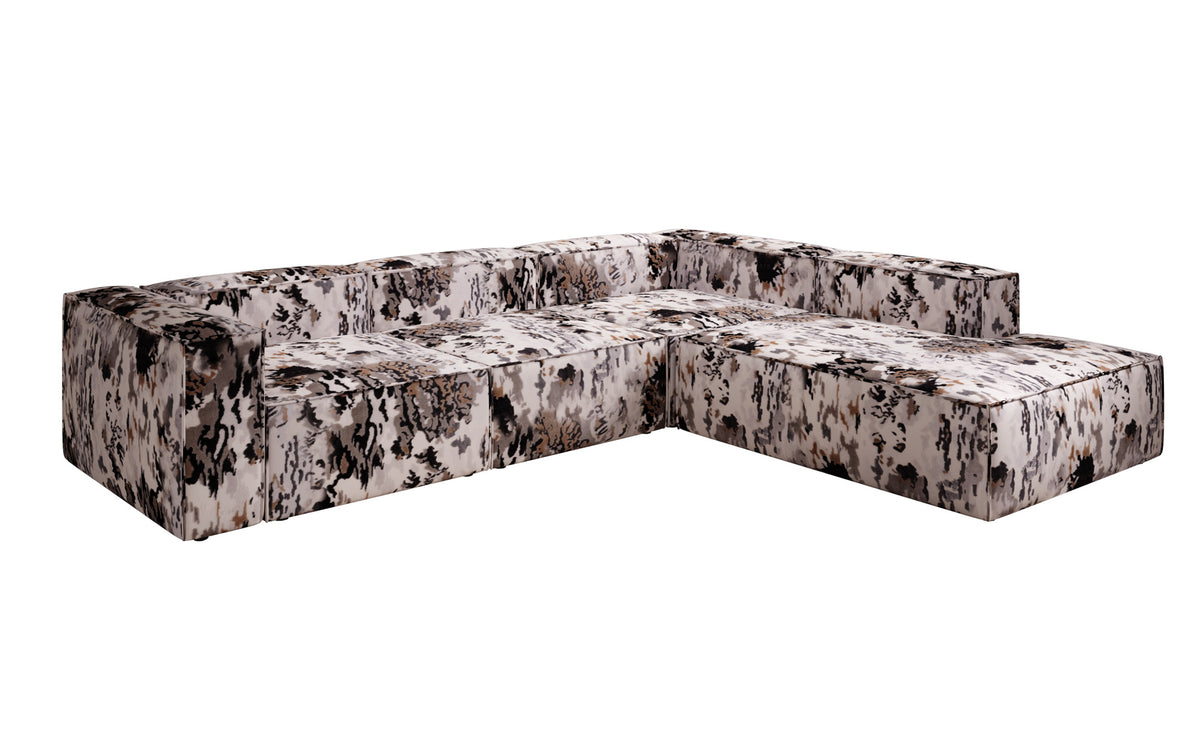 Designer hoekbank Lesley met lange ottomane - jacquard met aquarelpatroon