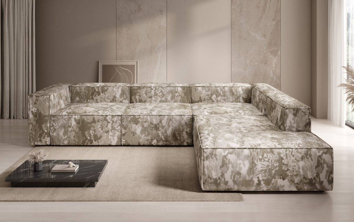 Designer hoekbank Lesley met lange ottomane - jacquard met aquarelpatroon