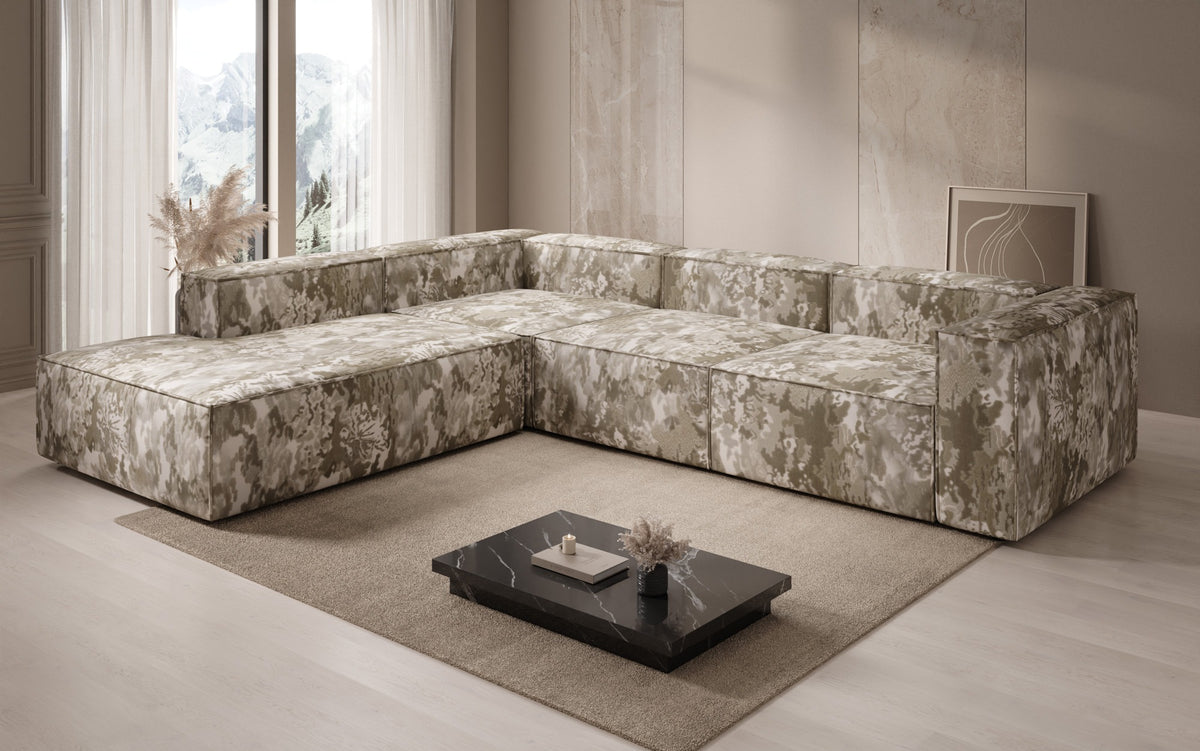 Designer hoekbank Lesley met lange ottomane - jacquard met aquarelpatroon