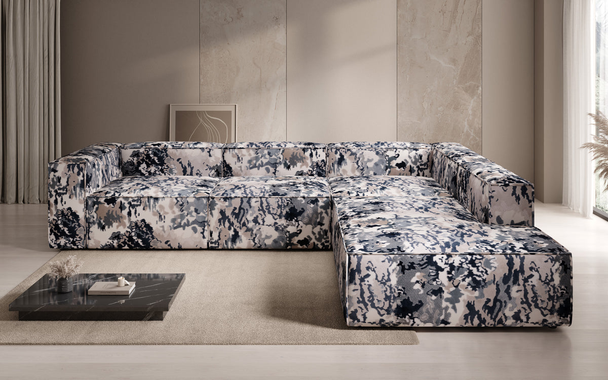 Designer hoekbank Lesley met lange ottomane - jacquard met aquarelpatroon