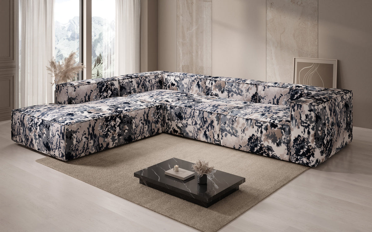 Designer hoekbank Lesley met lange ottomane - jacquard met aquarelpatroon