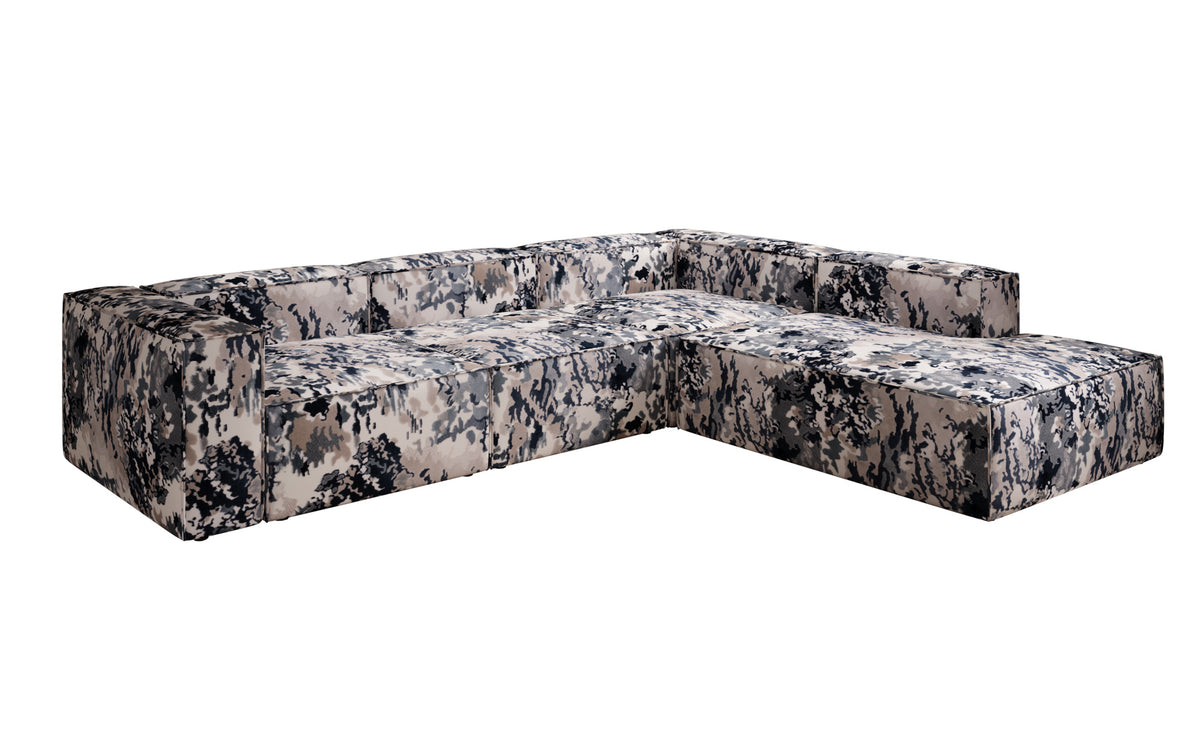 Designer hoekbank Lesley met lange ottomane - jacquard met aquarelpatroon