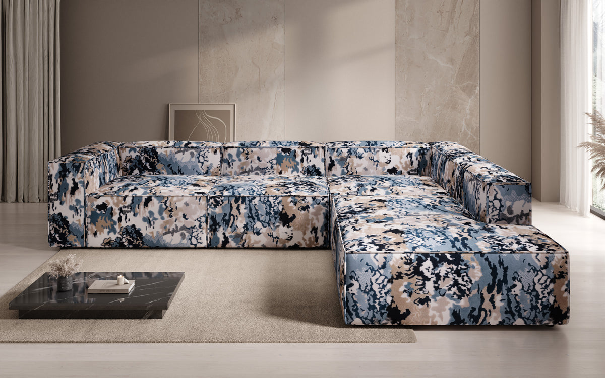 Designer hoekbank Lesley met lange ottomane - jacquard met aquarelpatroon