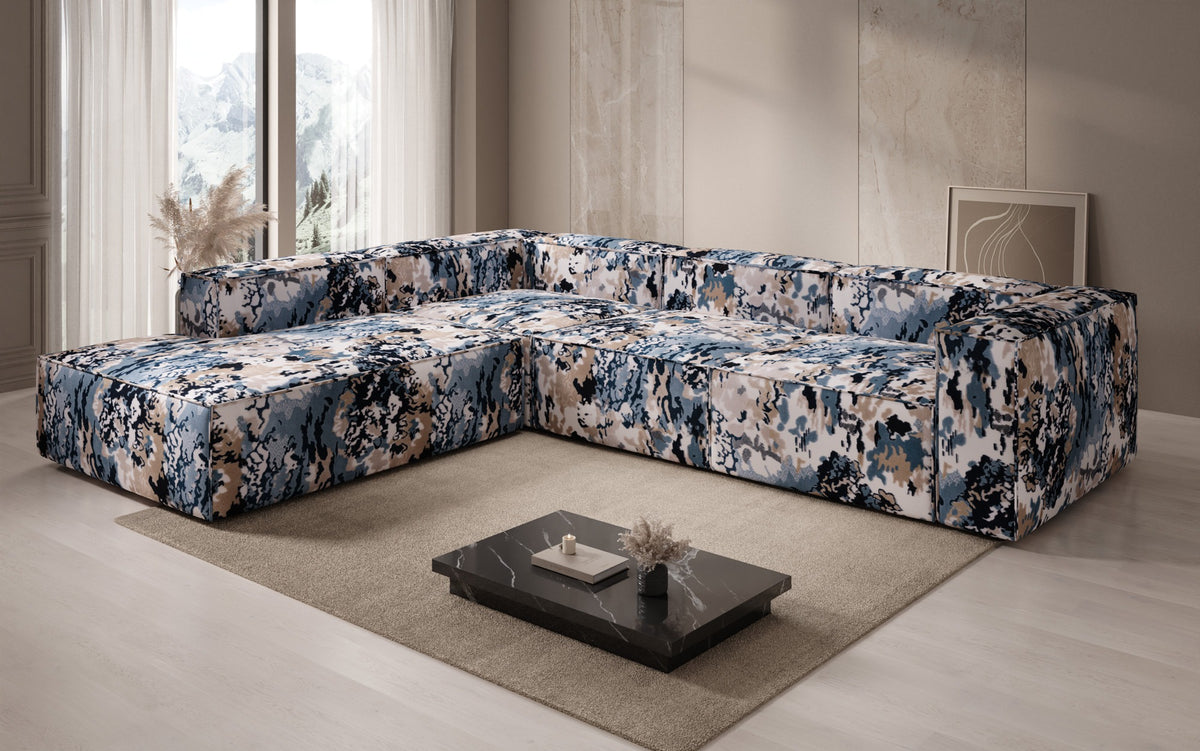 Designer hoekbank Lesley met lange ottomane - jacquard met aquarelpatroon