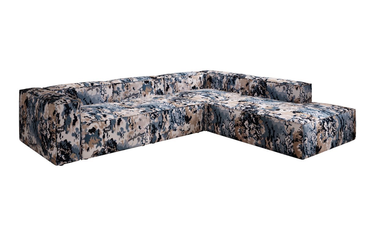 Designer hoekbank Lesley met lange ottomane - jacquard met aquarelpatroon