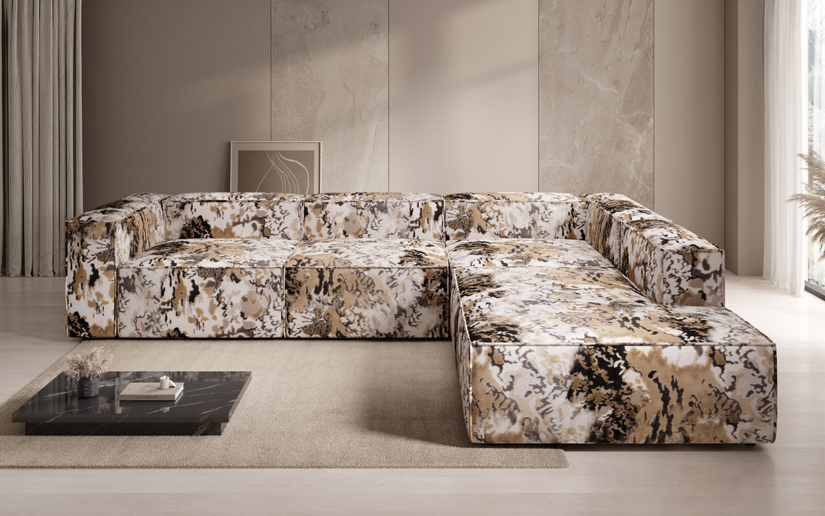 Designer hoekbank Lesley met lange ottomane - jacquard met aquarelpatroon