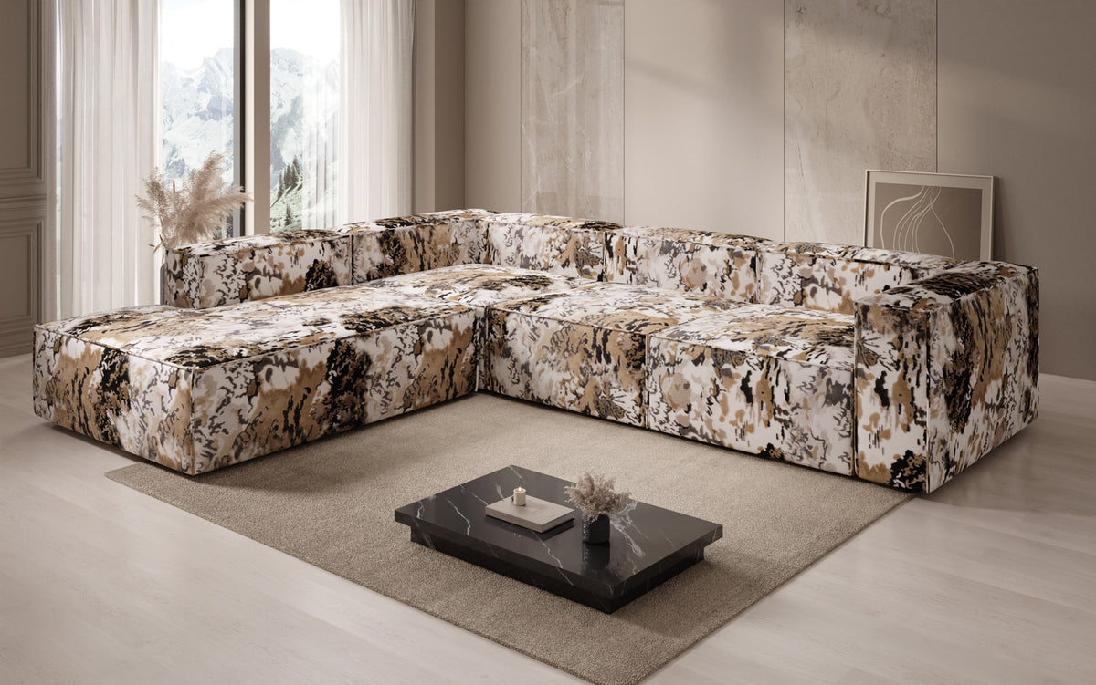 Designer hoekbank Lesley met lange ottomane - jacquard met aquarelpatroon