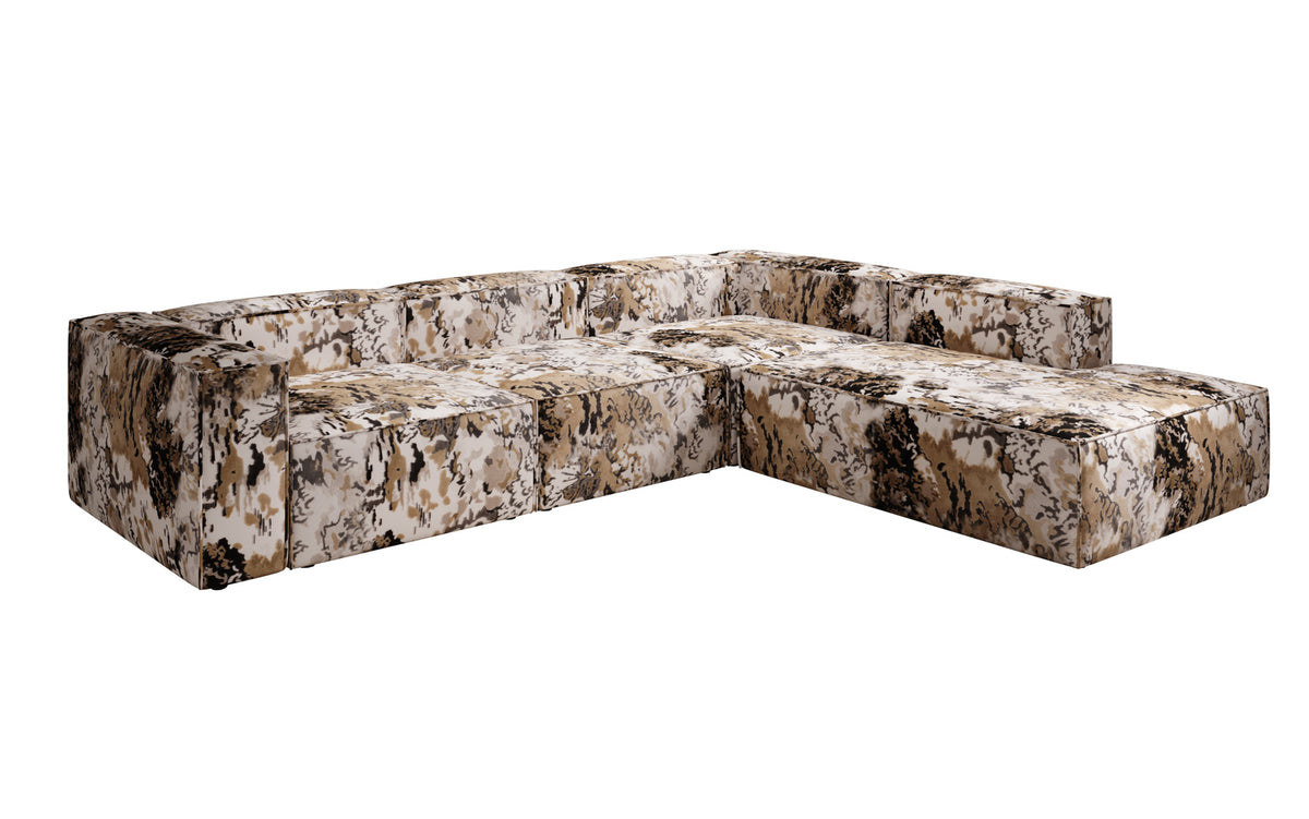 Designer hoekbank Lesley met lange ottomane - jacquard met aquarelpatroon