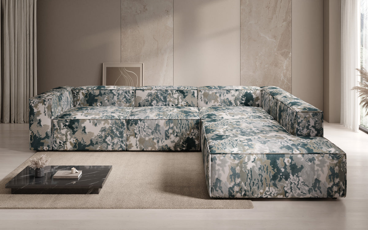 Designer hoekbank Lesley met lange ottomane - jacquard met aquarelpatroon