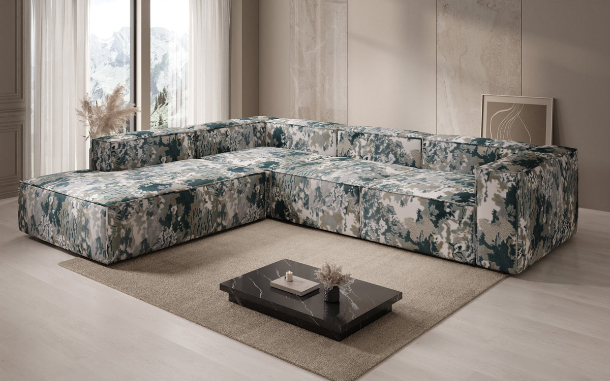 Designer hoekbank Lesley met lange ottomane - jacquard met aquarelpatroon