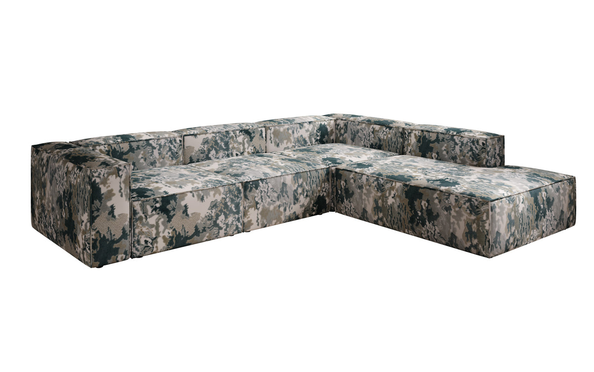 Designer hoekbank Lesley met lange ottomane - jacquard met aquarelpatroon