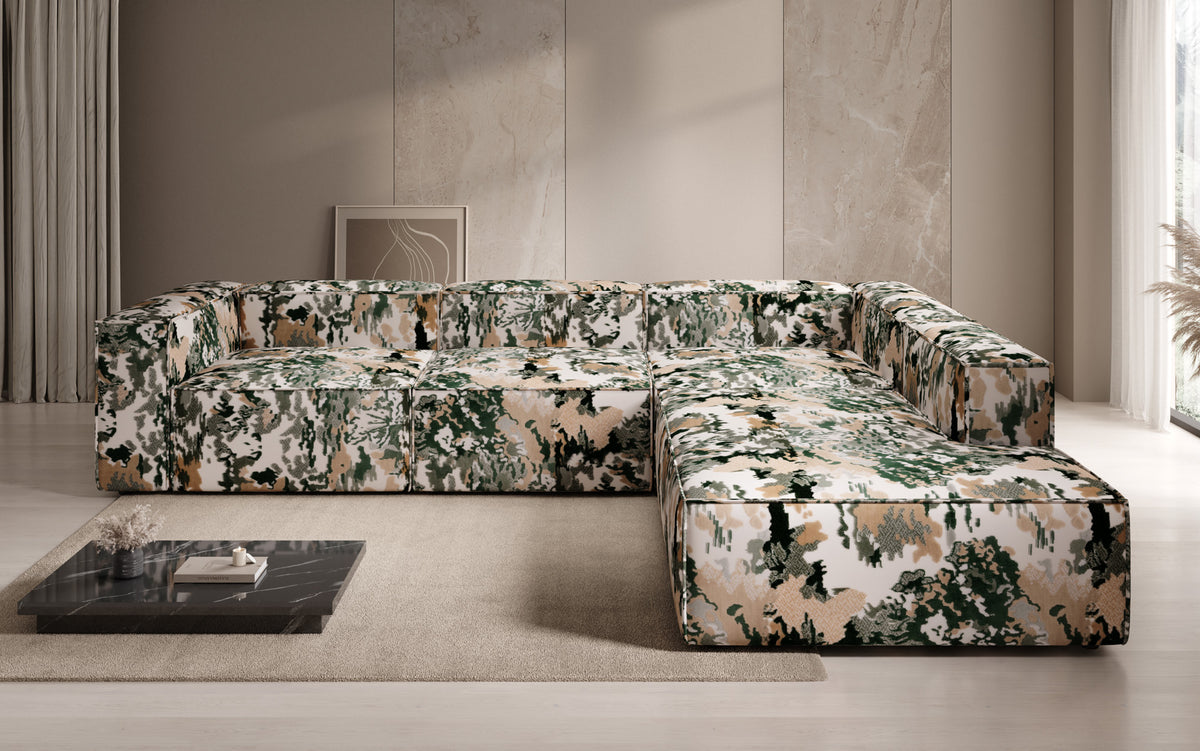 Designer hoekbank Lesley met lange ottomane - jacquard met aquarelpatroon