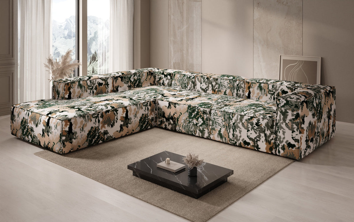 Designer hoekbank Lesley met lange ottomane - jacquard met aquarelpatroon