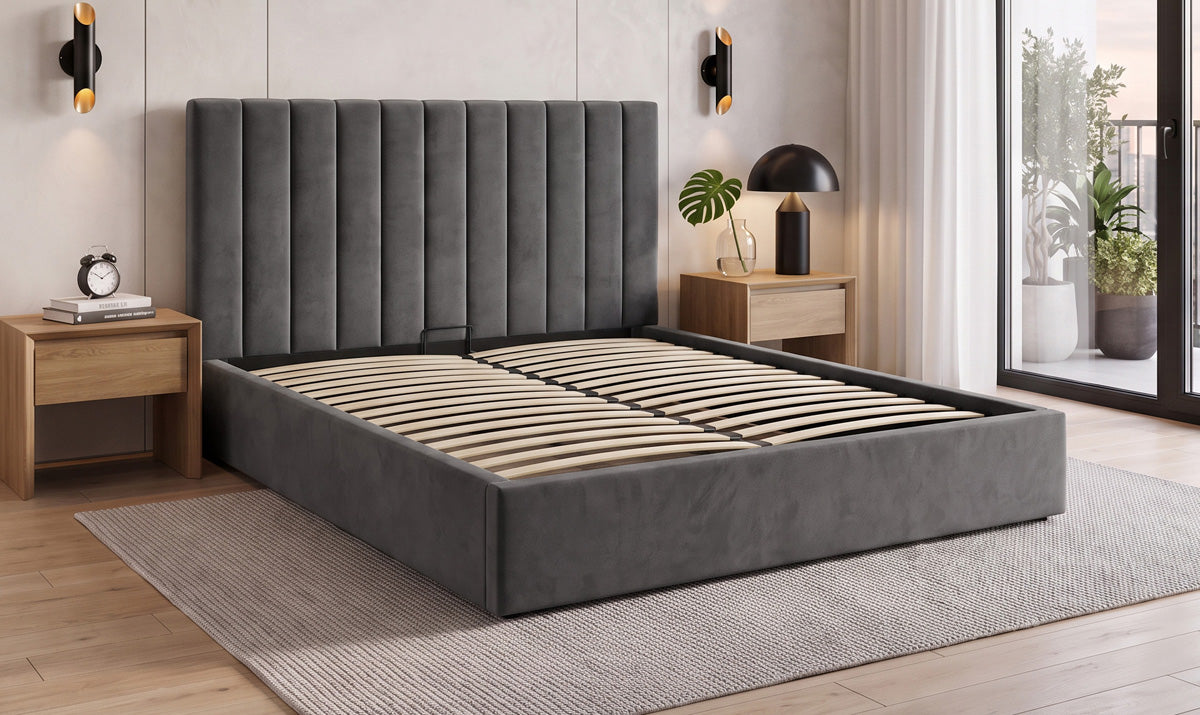 Design gestoffeerd bed Livia in Fluweel met opbergruimte