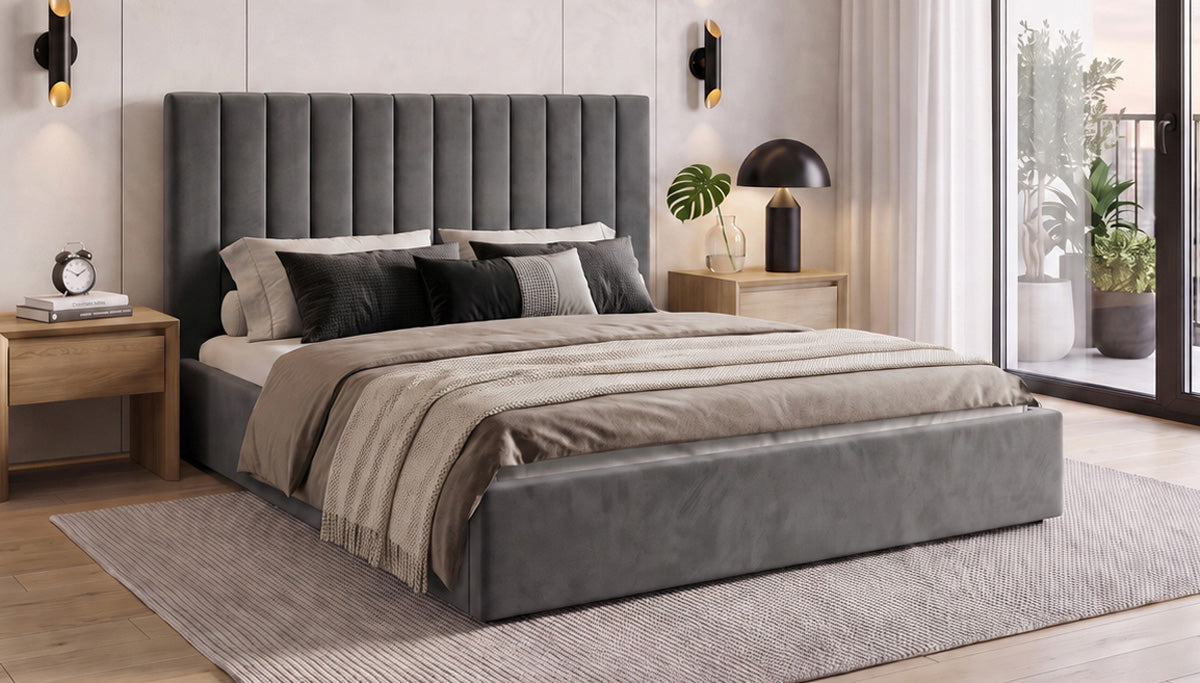 Design gestoffeerd bed Livia in Fluweel met opbergruimte