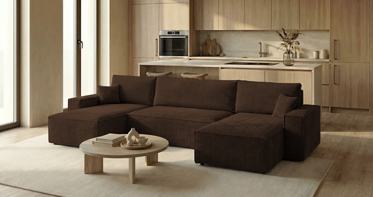 Designbank Lunaro U Mini met slaapfunctie en opbergruimte in Ribstof