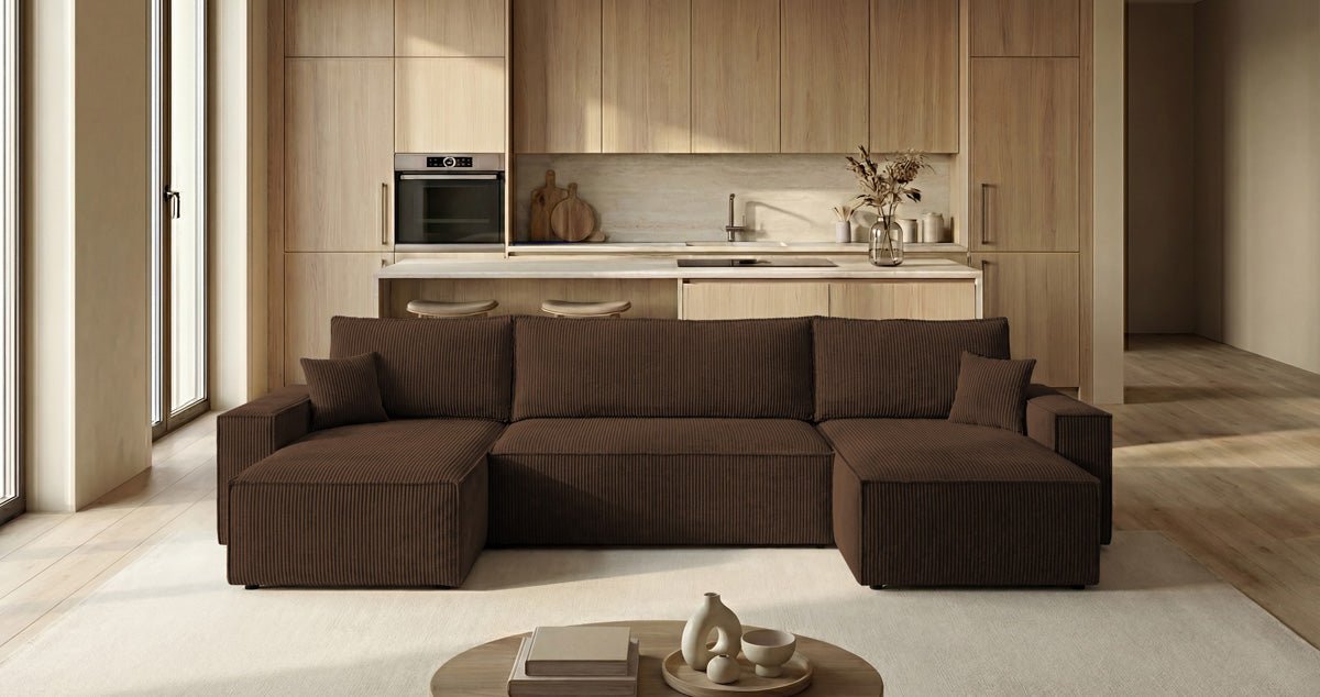 Designbank Lunaro U Mini met slaapfunctie en opbergruimte in Ribstof