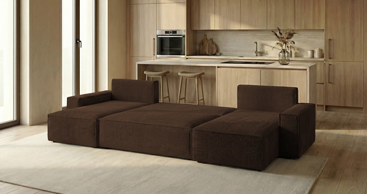 Designbank Lunaro U Mini met slaapfunctie en opbergruimte in Ribstof
