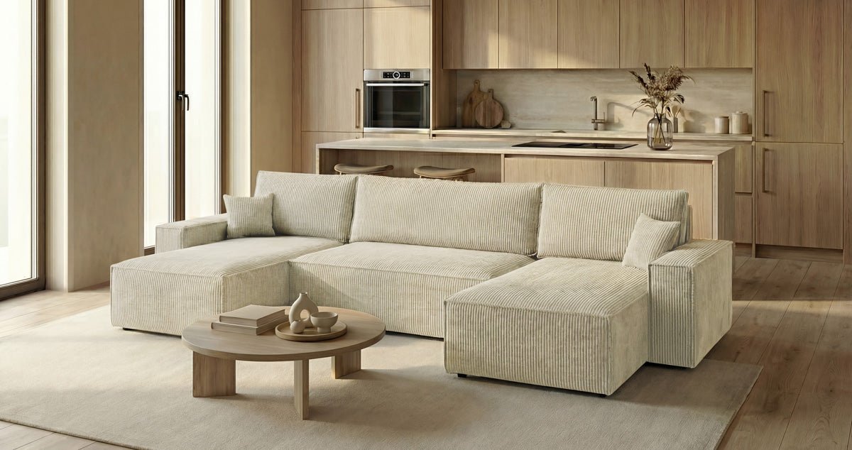 Designbank Lunaro U Mini met slaapfunctie en opbergruimte in Ribstof